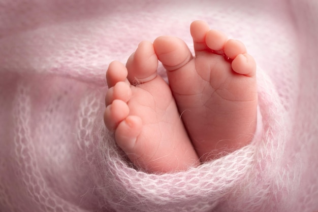 Knitted pink heart in the legs of a baby Soft feet of a new born in a pink wool blanket Closeup of toes heels and feet of a newborn Macro photography the tiny foot of a newborn baby