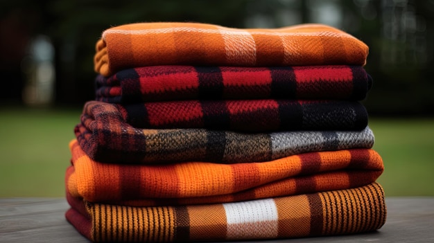 Photo knitted plaid folded in a pile generative ai