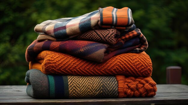 Knitted plaid folded in a pile Generative AI