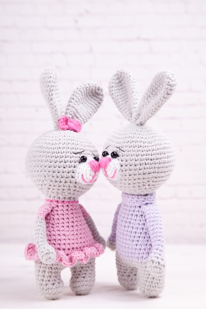 Knitted rabbit. Festive decor. Valentine's Day. Handmade, knitted toy, amigurumi