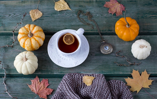 a knitted scarf, autumn leaves, white and orange pumpkins, a cup of tea with lemon and an old pocket watch.