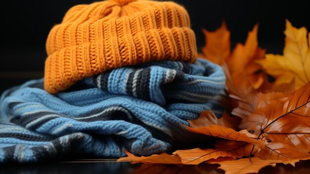 Foto sciarpa e cappello a maglia e decorazione autunnale