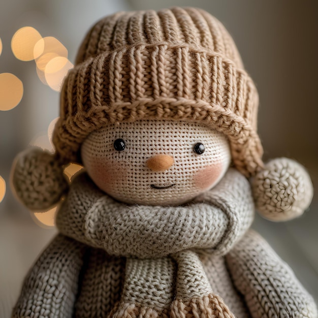 A knitted snowman with a hat and scarf on a table with lights in the background and a teddy bear