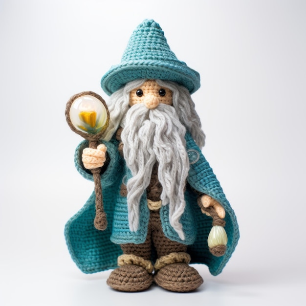 Knitted Sorcerer Realistic Color Scheme Crochet Wizard In Blue Cloak
