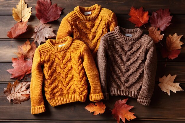 Knitted sweaters with dry leaves on brown wooden background