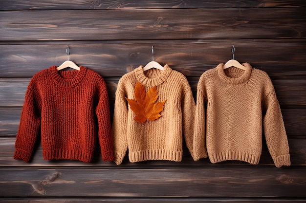 Knitted sweaters with dry leaves on hangers