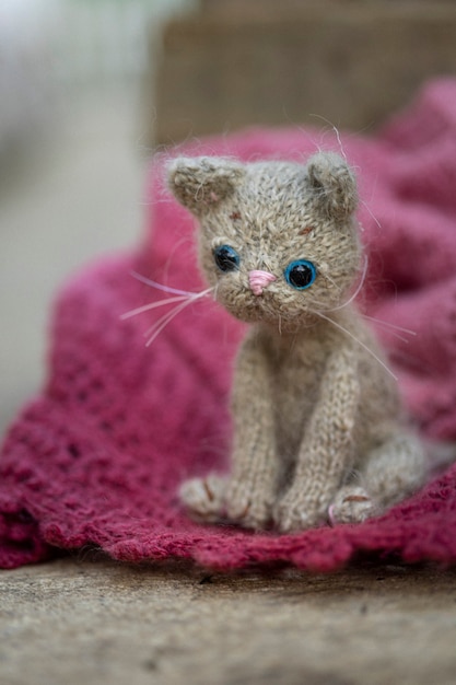 Knitted toy kitten, gray kitten in shawls