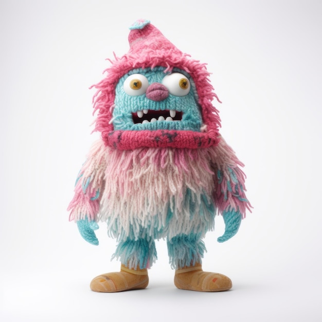 Knitted Toy Monster With Blue Fur And Pink Feet