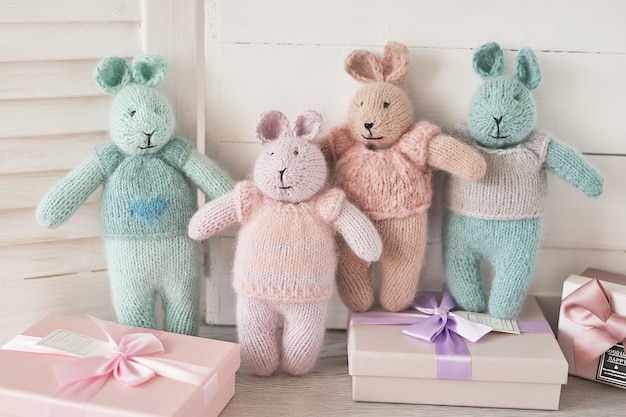 Knitted toys rabbits
