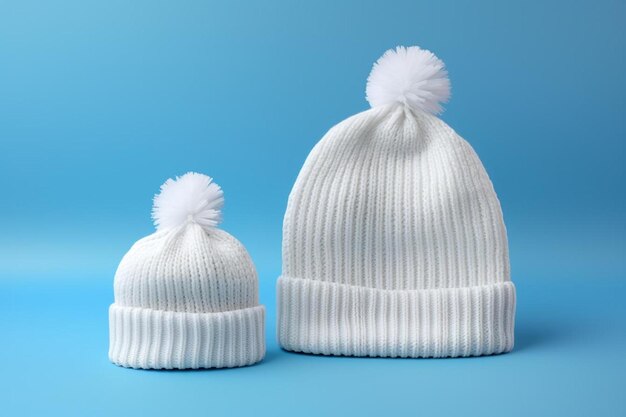 Photo knitted white hat and cap for kid s cold days fashions on colored background