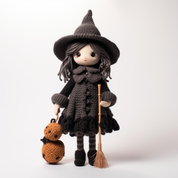 Knitted Witch Doll With Witch Hat And Broom