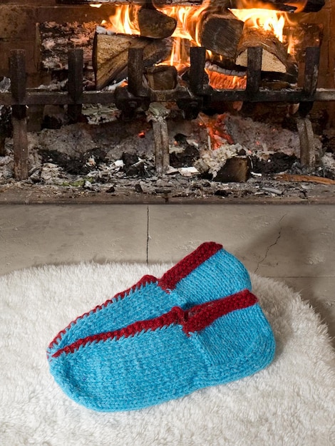 Knitted wool socks with white fur