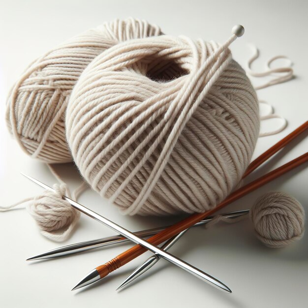 knitting ball of yarn and knitting needles on a white background