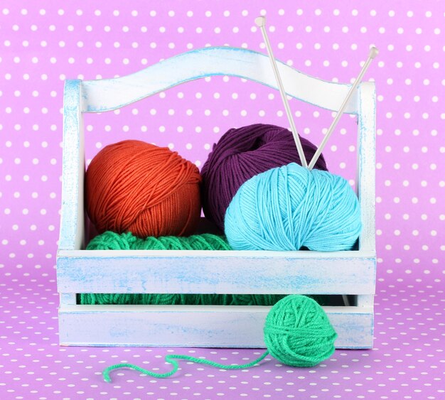 Knitting balls in box on color background