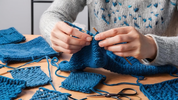 Knitting close up blue threads on the table