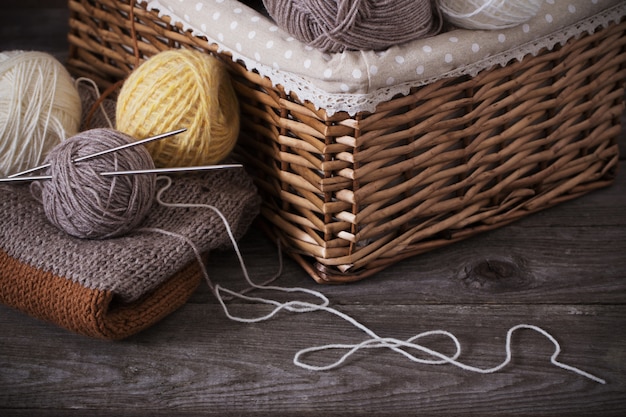 Knitting and knitting needles on a wooden surface