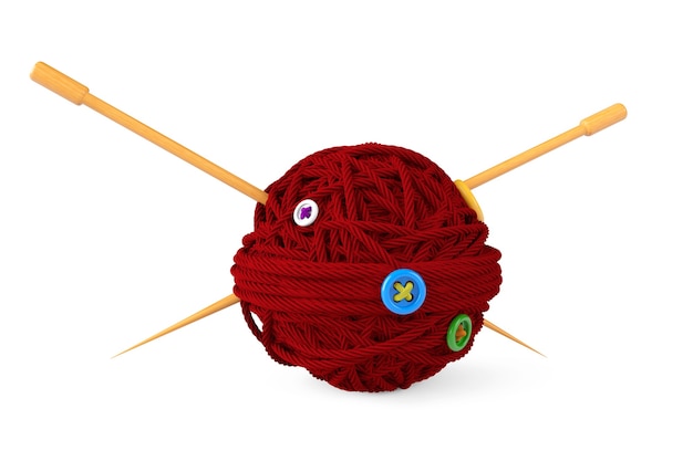 Knitting needles and wool ball on a white background