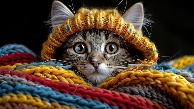 Knitting process on the background of a cute cat