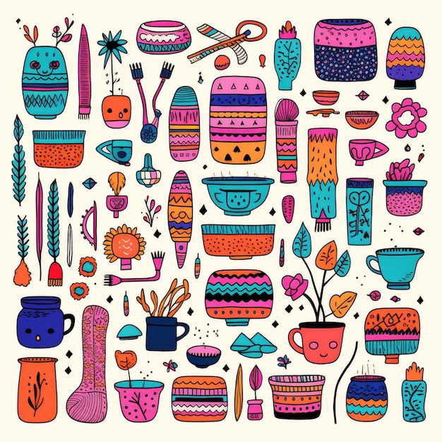 Knitting supplies colorful set of doodles on white background Generative AI