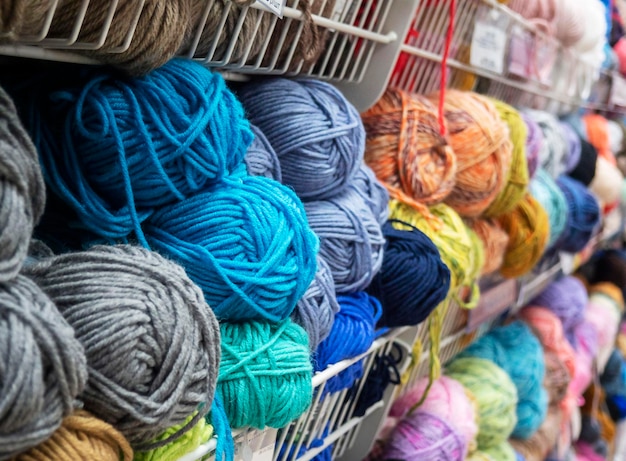 Knitting threads on the shelf at the store Hobby for mental health thread sales