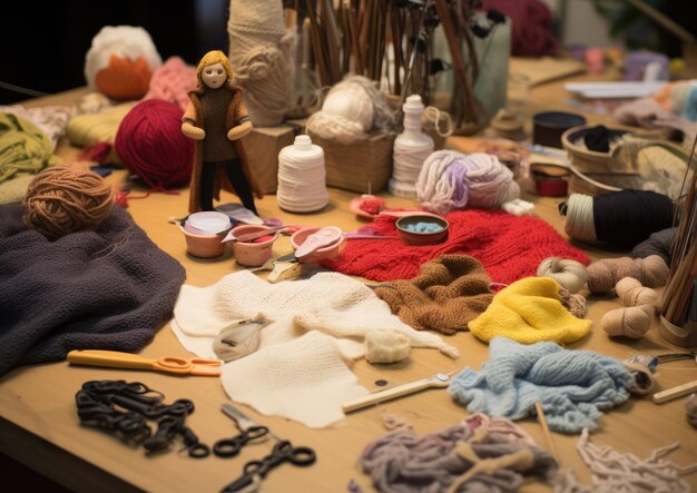 A knitting workshop with various materials and projects