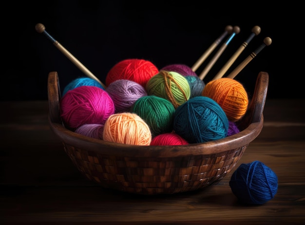 Knitting yarn balls and needles in basket on a background