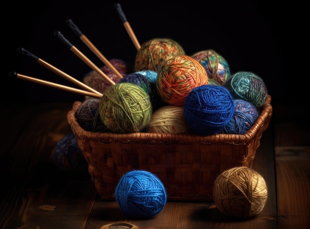 Knitting yarn balls and needles in basket on a background