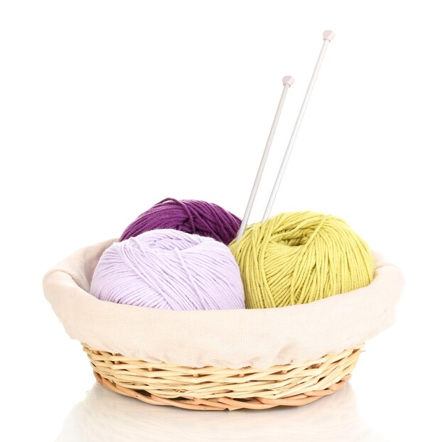 Knitting yarn in basket isolated on white