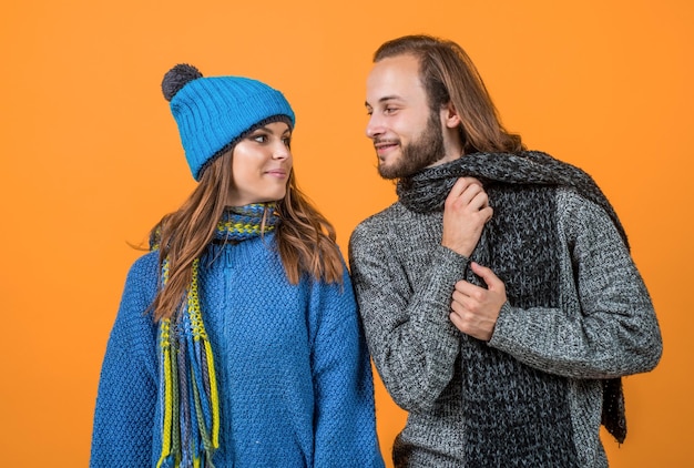 Knitwear fashion for all family cheerful couple in love romantic relations of man and woman in winter love can warm us new year holiday and vacation cozy and comfortable