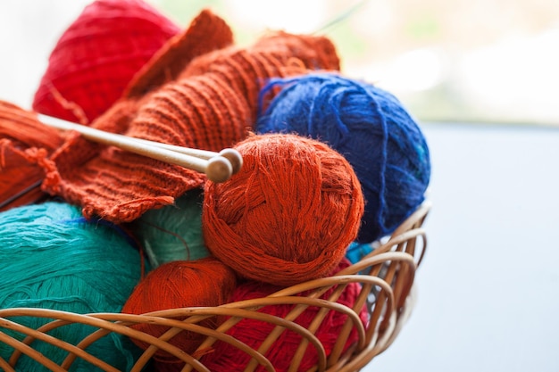 knitwork tools and thread balls in a basket