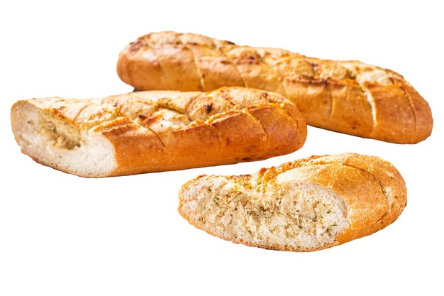 Knoflook boter brood gebakken baguette met kruiden geïsoleerd op witte achtergrond top view