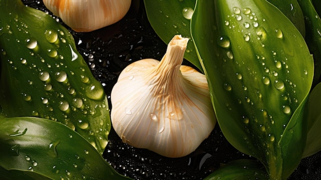 Knoflook en groene bladeren met waterdruppels op een zwarte achtergrond