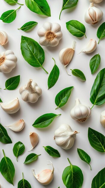 Knoflook en groene bladeren op een witte oppervlakte