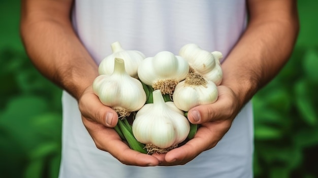 Knoflook in de handen van een man op een groene achtergrond Generatieve AI