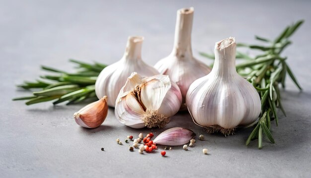 knoflook knoflook bollen verse knoflook met rozemarijn en peper op witte betonnen plank