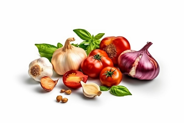 Knoflook, tomaten, uien en basilicum geïsoleerd op witte achtergrond