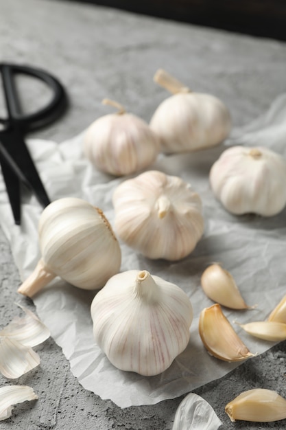 Knoflookbollen, plakken, schaar, rozemarijn op grijs, close-up