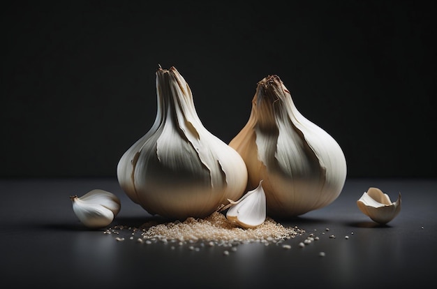 knoflookteentjes zweven op een houten oppervlak op een donkere achtergrond