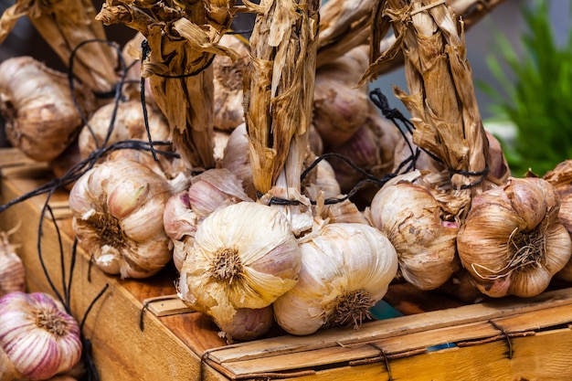 Knoflooktrossen in een boerenmarkt