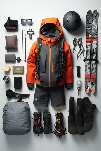 knolled snow gear outdoor winter adventures Created with generative AI technology