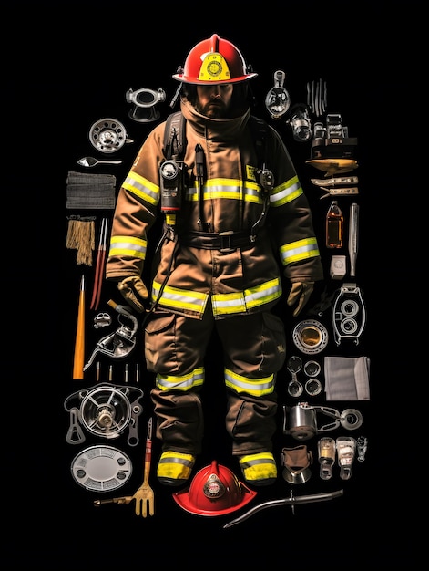 Knolling firefighter on the black background