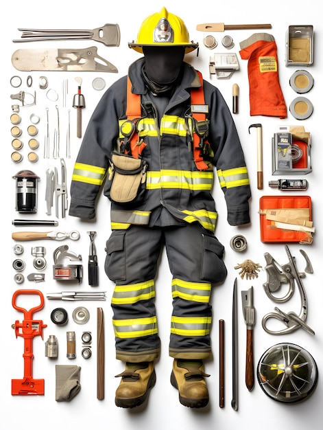 Knolling firefighter on the white background