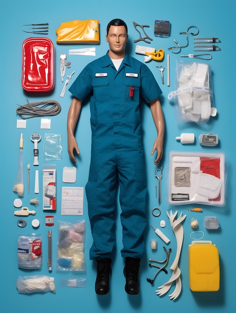 Knolling paramedic on the blue background