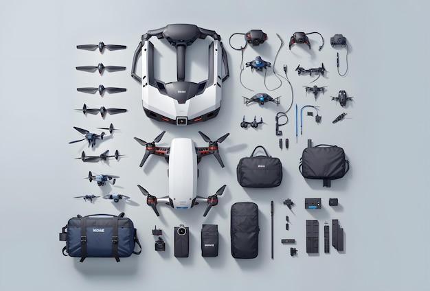 Knolling-stijl shot van Drone-apparatuur op blauwe achtergrond