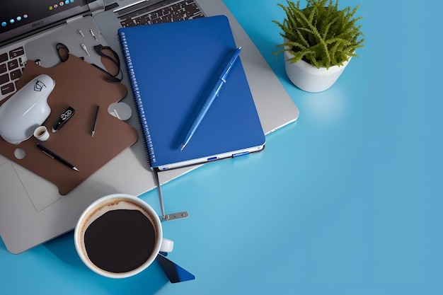 Knolling-stijl shot van koffiepauze-laptop en notebook op blauw bureau