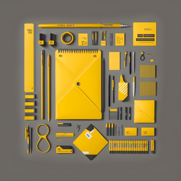 Knolling-stijl shot van Yellow Stationery Collection op Gray