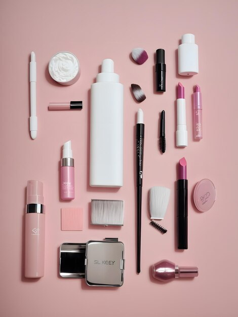 Knolling style shot of Contents Of Makeup Bag with a variety of beauty products