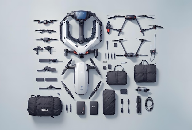 Knolling style shot of Drone Equipment on blue background