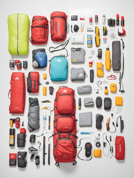 Photo knolling style shot of mountain climbing supplies