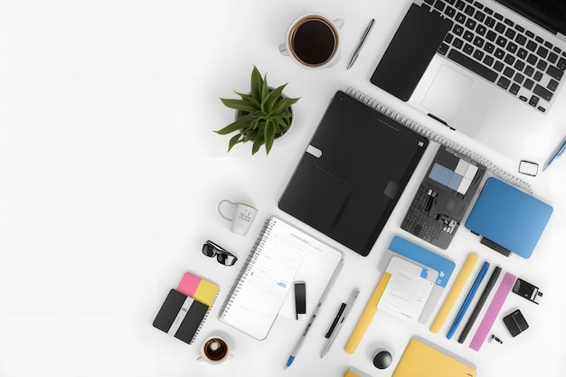 写真 白い机の上のラップトップ ノートブック コーヒーとオフィス用品のノーリング スタイル ショット